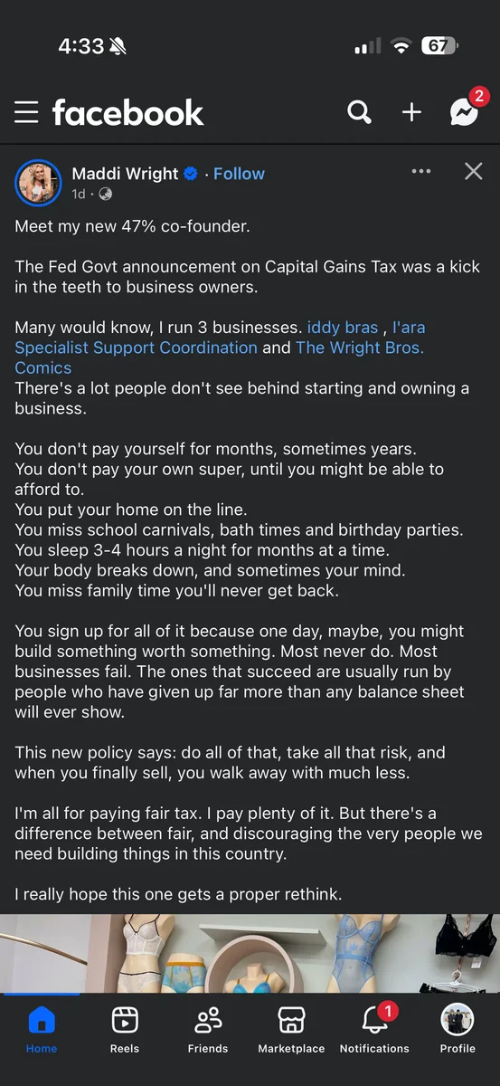 Screenshot of a Facebook post by Maddi Wright describing the federal government as a new 47 percent co-founder after the capital gains tax announcement