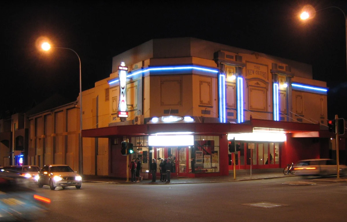 The Luna cinema on Oxford Street, Leederville, lit up at night