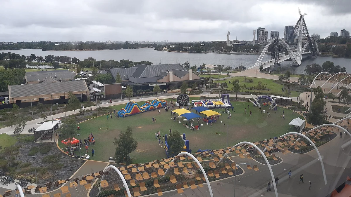 Stadium Park playground and the Matagarup Bridge, seen from Optus Stadium