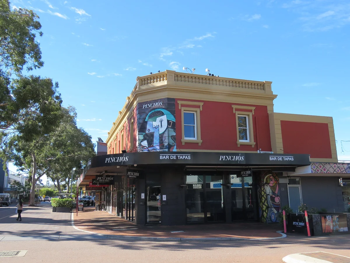 A corner building on Oxford Street, Leederville, on a sunny day