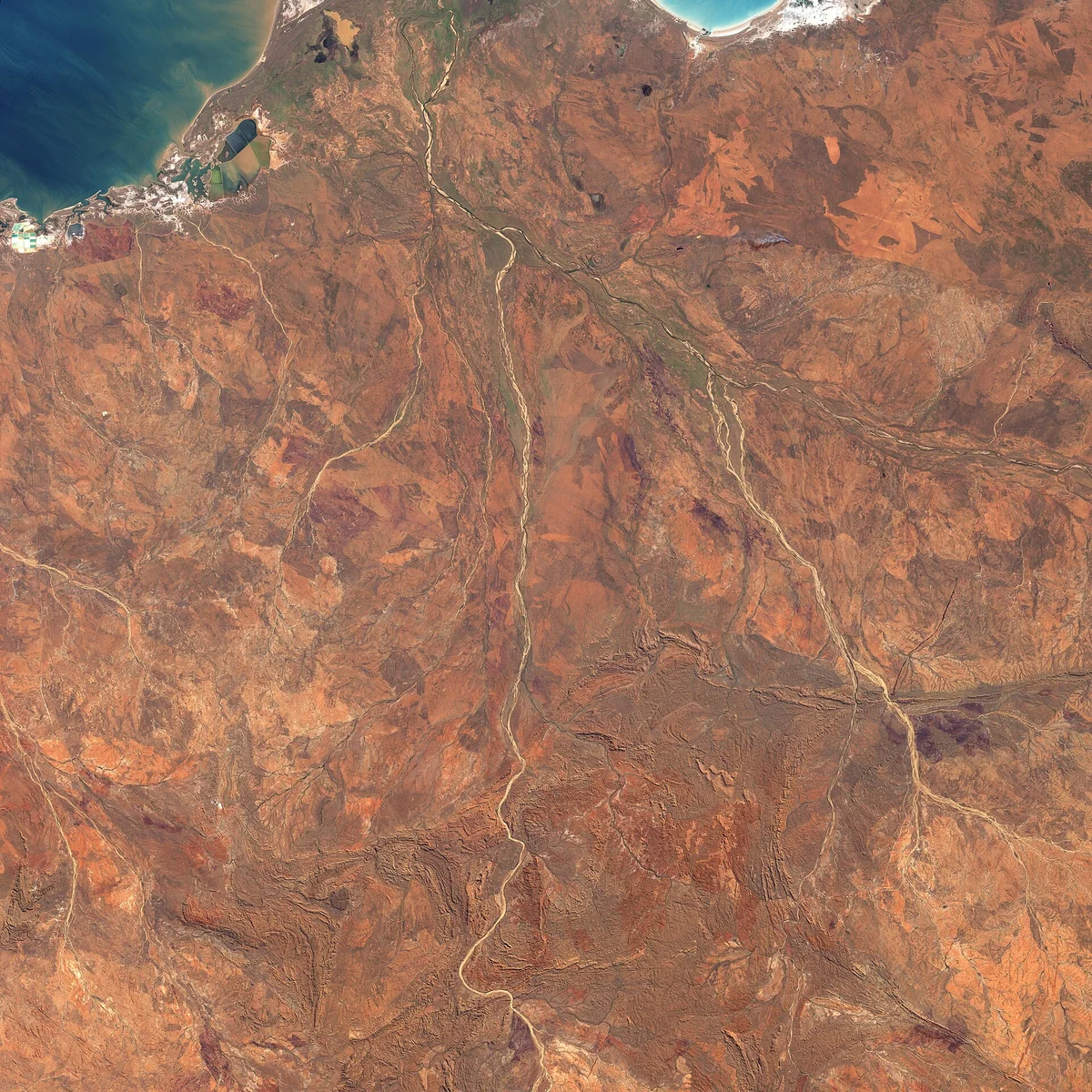 Satellite view of the red Pilbara landscape near the coast