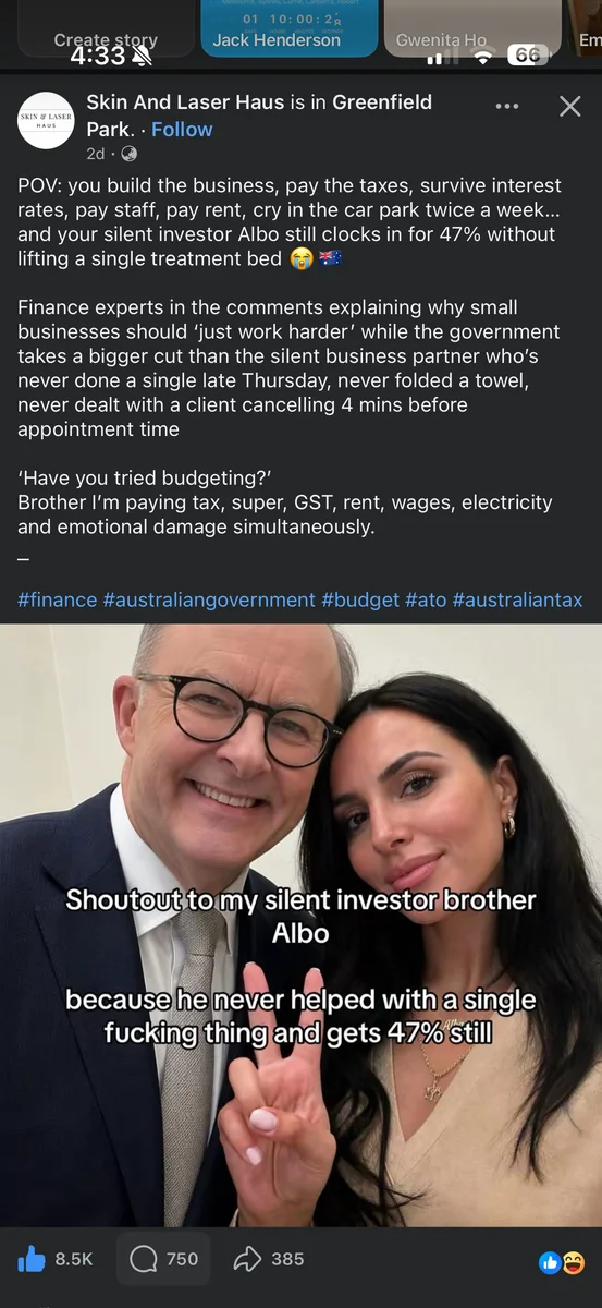 Screenshot of a Skin And Laser Haus Facebook post using a silent investor Albo meme about small business and tax