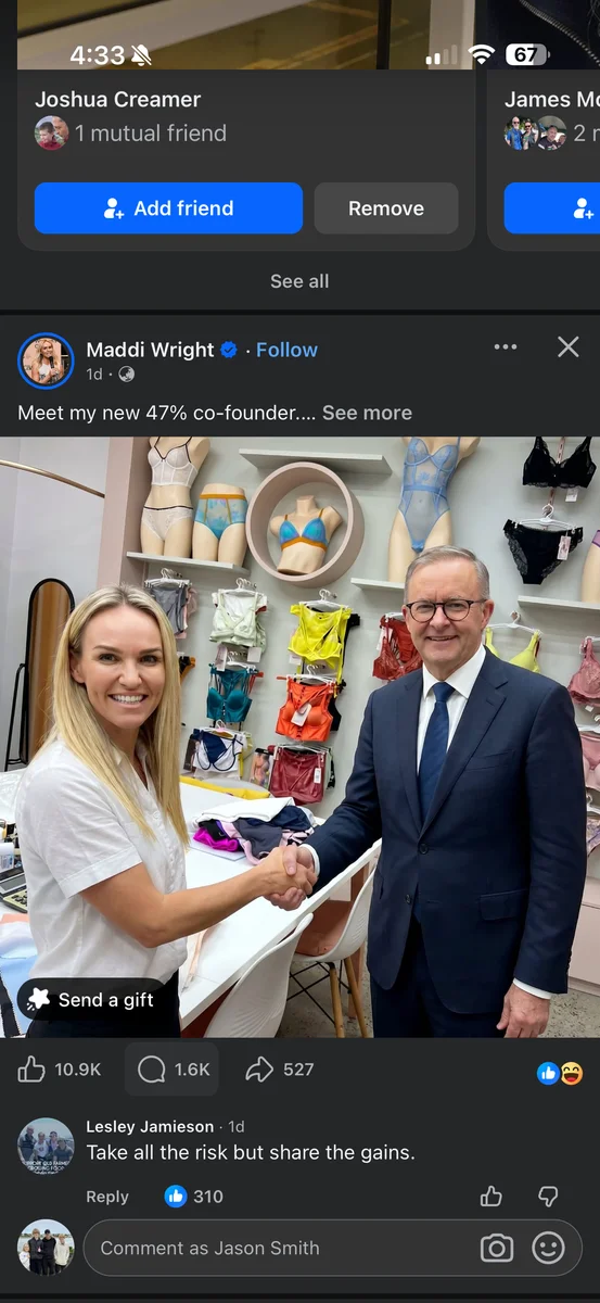 Screenshot of a Maddi Wright Facebook post showing an AI-style image of Anthony Albanese shaking hands in a retail store as part of the 47 percent co-founder meme