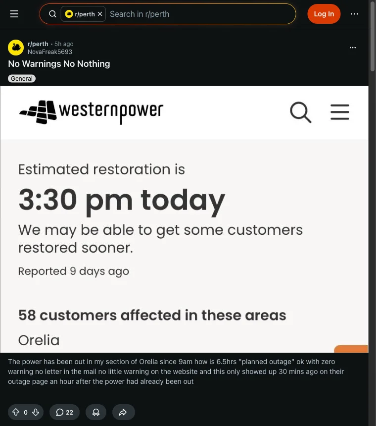 Screenshot of a Reddit post about a Western Power outage affecting Orelia customers