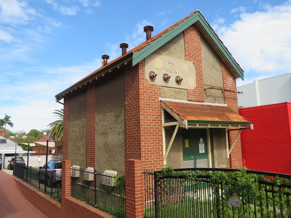 A small heritage brick electricity substation building in Perth