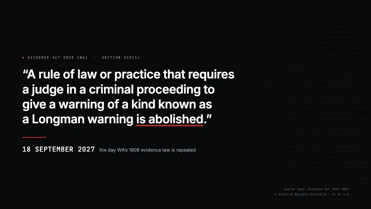 Section 319(1) of the Evidence Act 2025 (WA), set against the surrounding text of the Act: "A rule of law or practice that requires a judge in a criminal proceeding to give a warning of a kind known as a Longman warning is abolished."