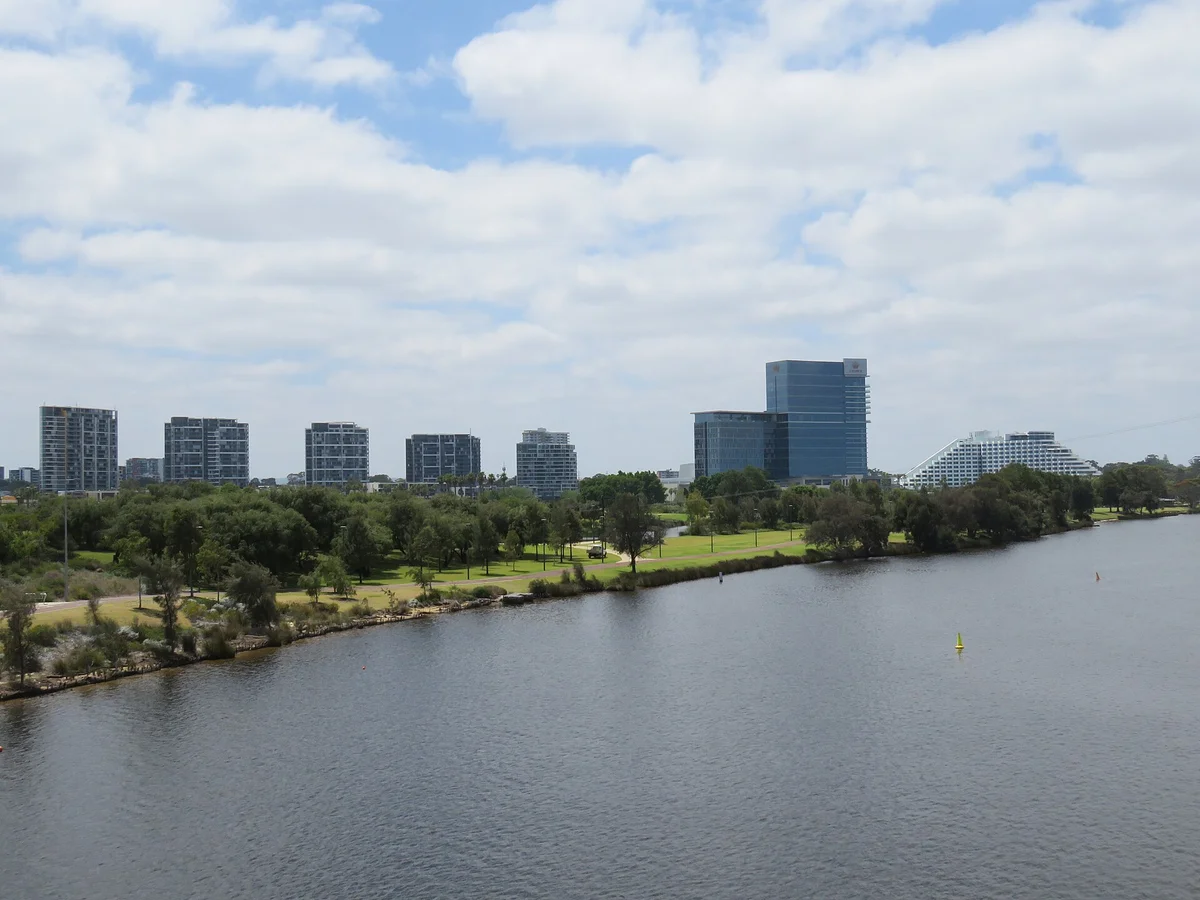 Crown Perth towers in Burswood seen across the Swan River from Perth Stadium