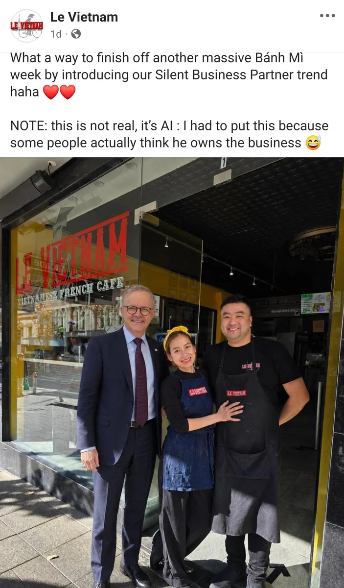 Le Vietnam's Facebook post showing an AI-generated image of Anthony Albanese standing with the shop's owners in front of their banh mi shop